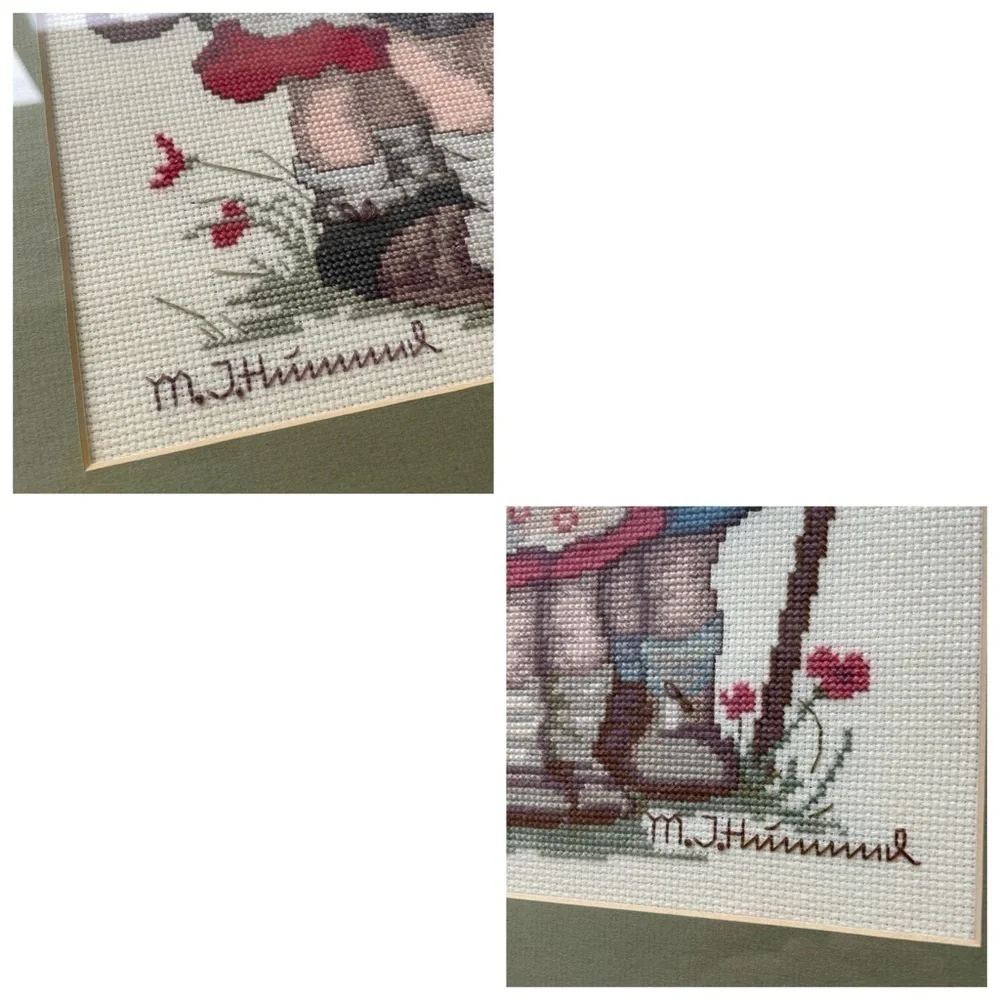 M.I. Hummel Cross Stitch Needle Point Framed Art Rare Vintage Wall Hanging Decor